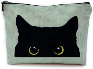 Cat Makeup Bag - Black Kitty Cosmetic Bag for Women, Cat Mom Gifts, Small Makeup Bag (Green)