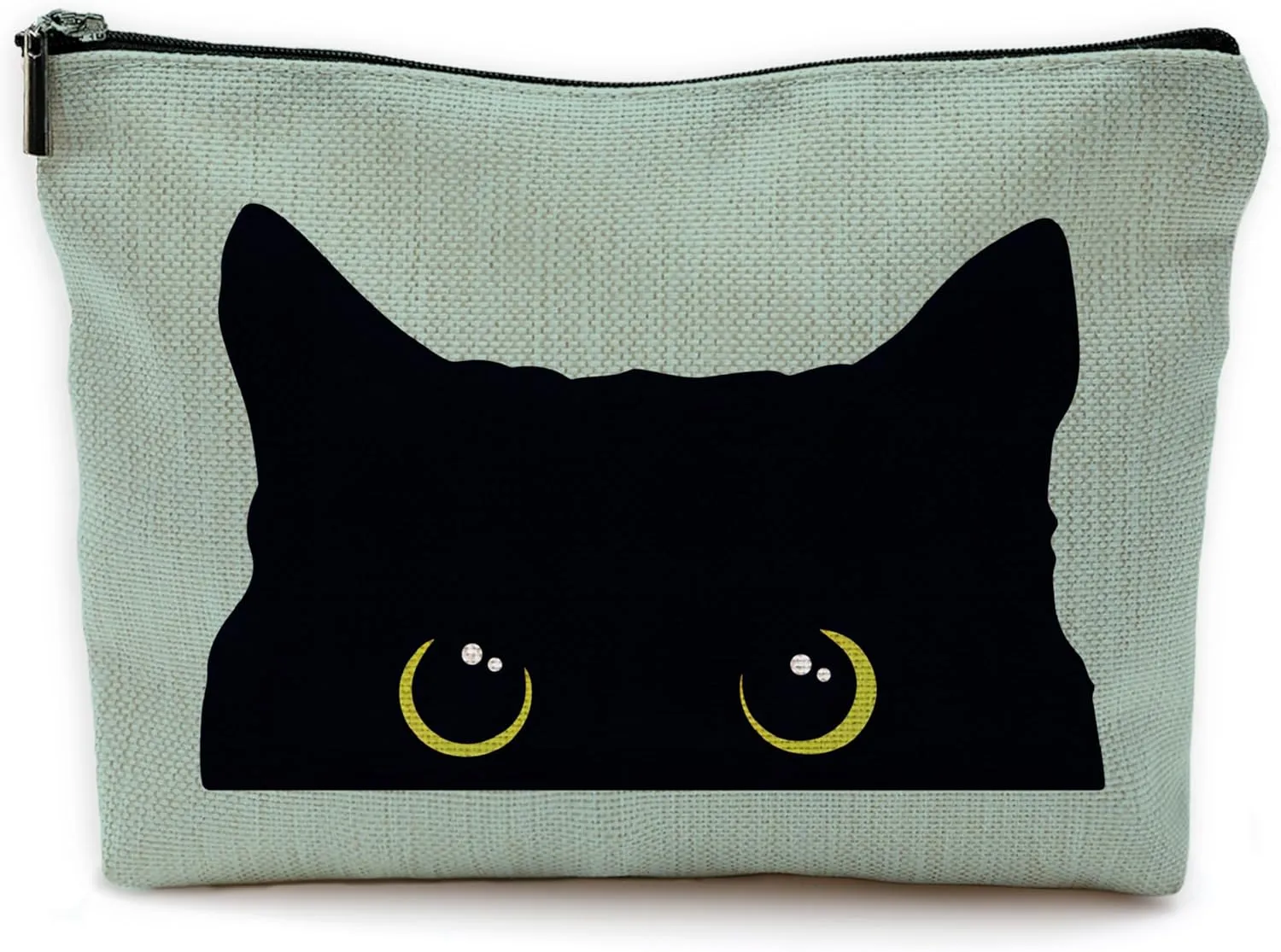 Cat Makeup Bag - Black Kitty Cosmetic Bag for Women, Cat Mom Gifts, Small Makeup Bag (Green)