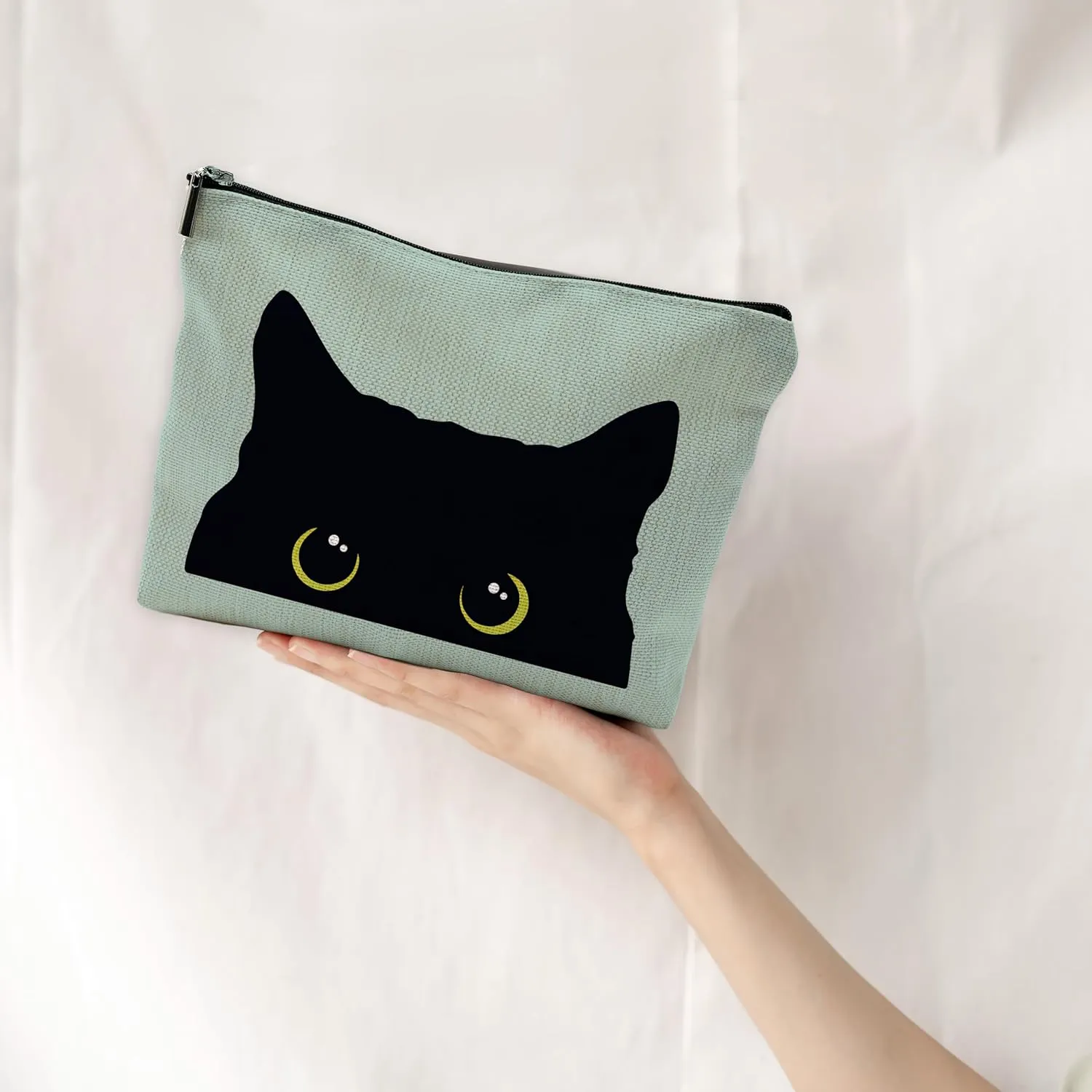 Cat Makeup Bag - Black Kitty Cosmetic Bag for Women, Cat Mom Gifts, Small Makeup Bag (Green)