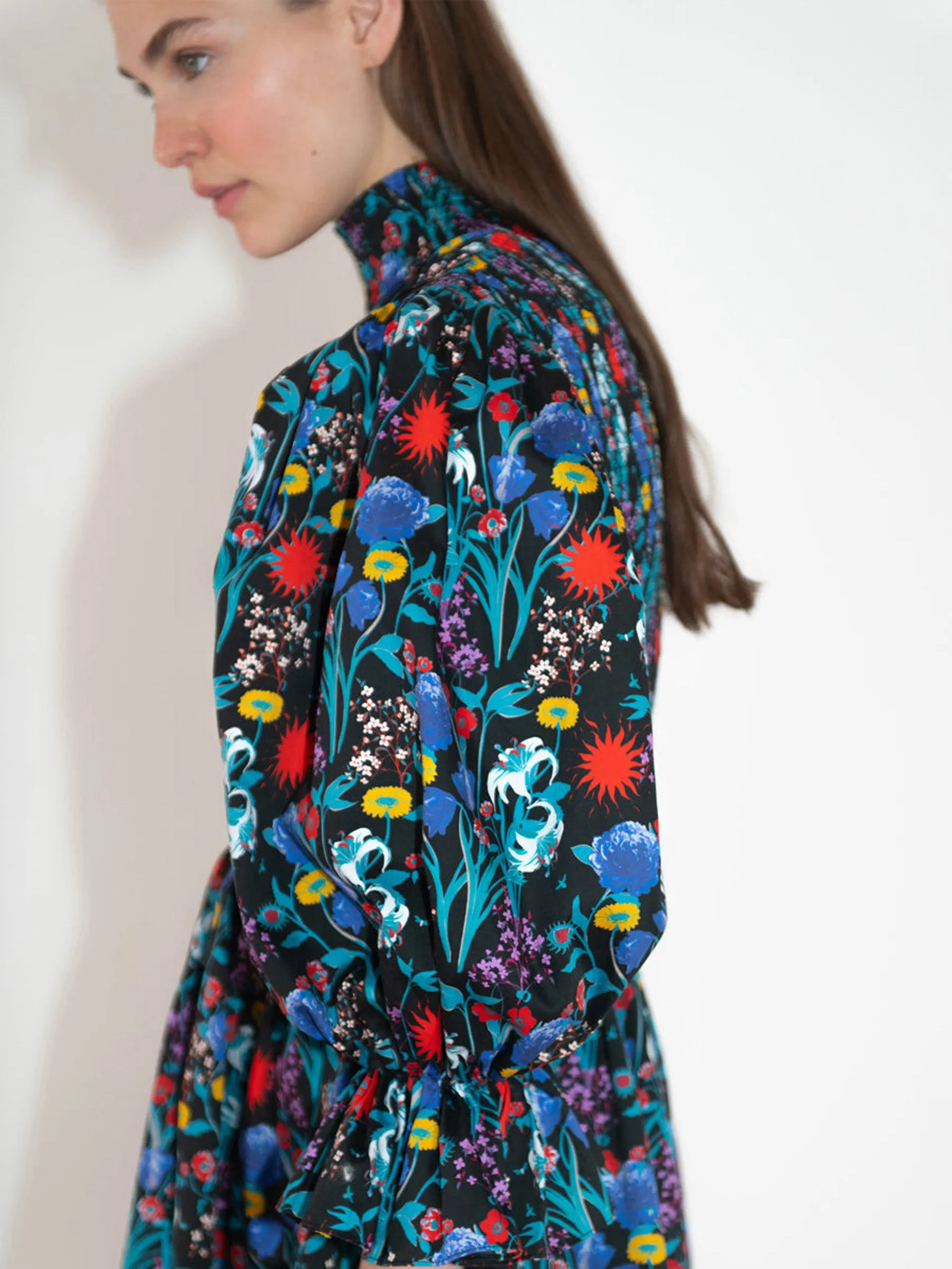 Catri cotton shirred mini dress in midnight sun black