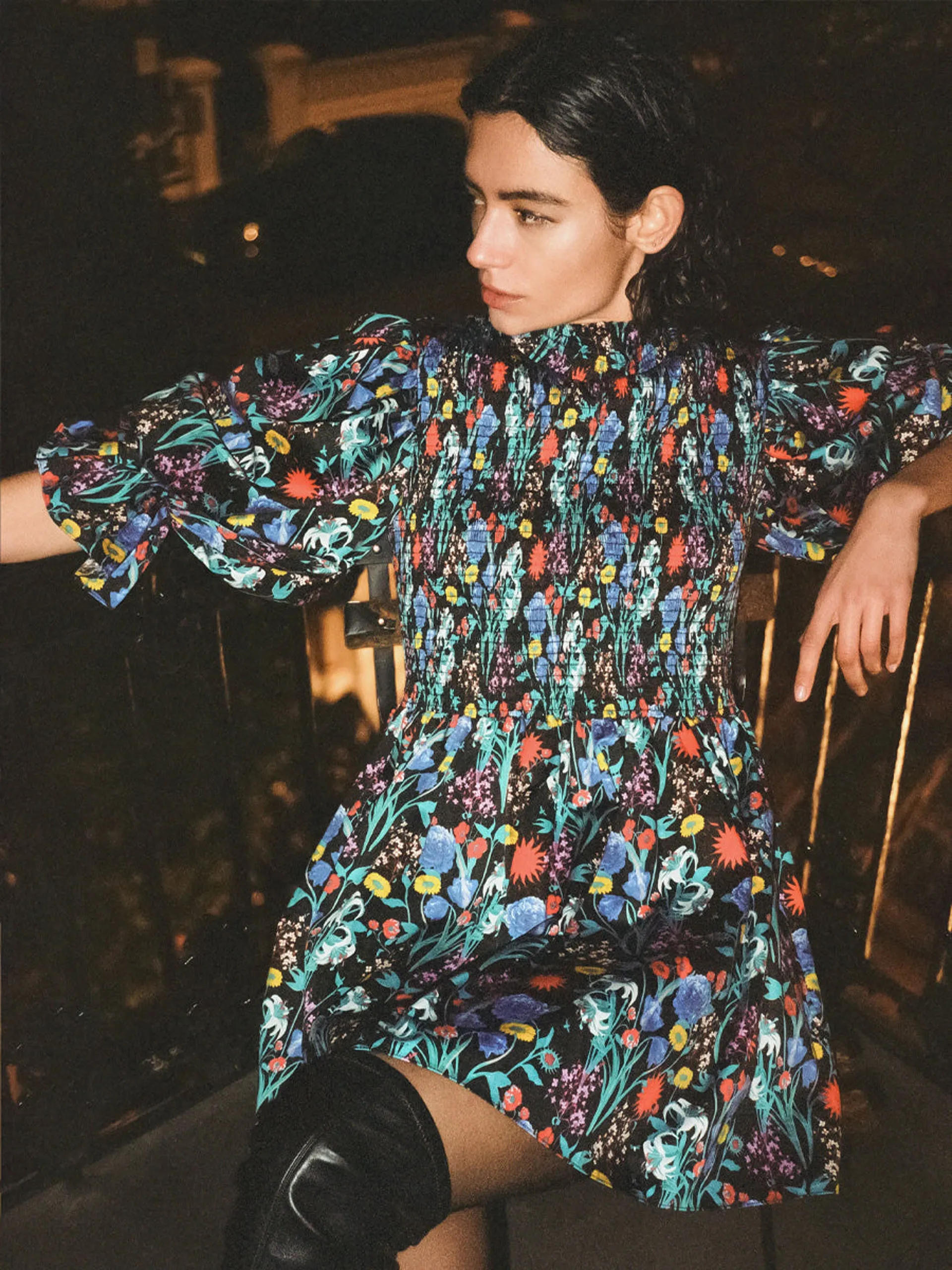 Catri cotton shirred mini dress in midnight sun black