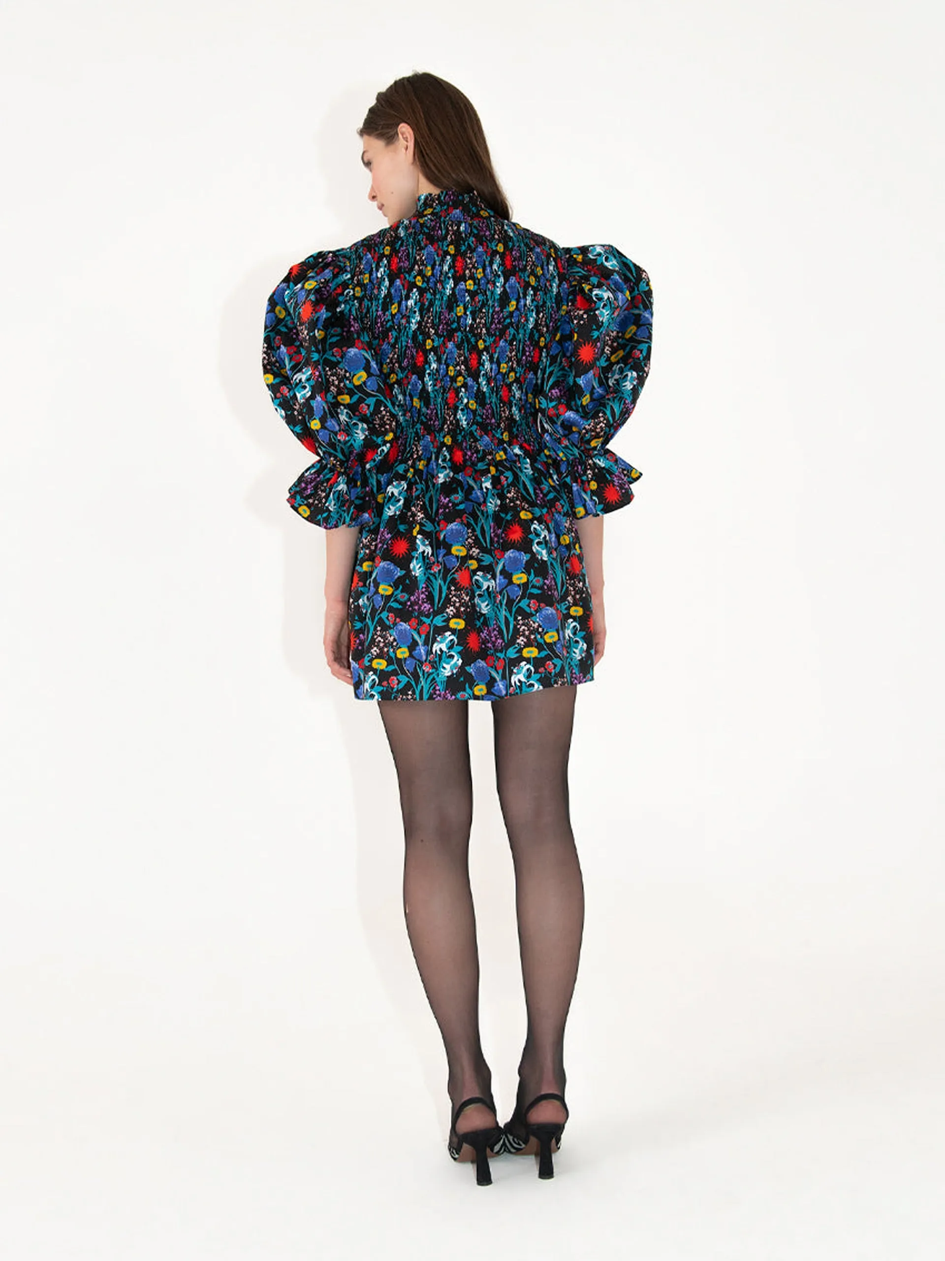 Catri cotton shirred mini dress in midnight sun black
