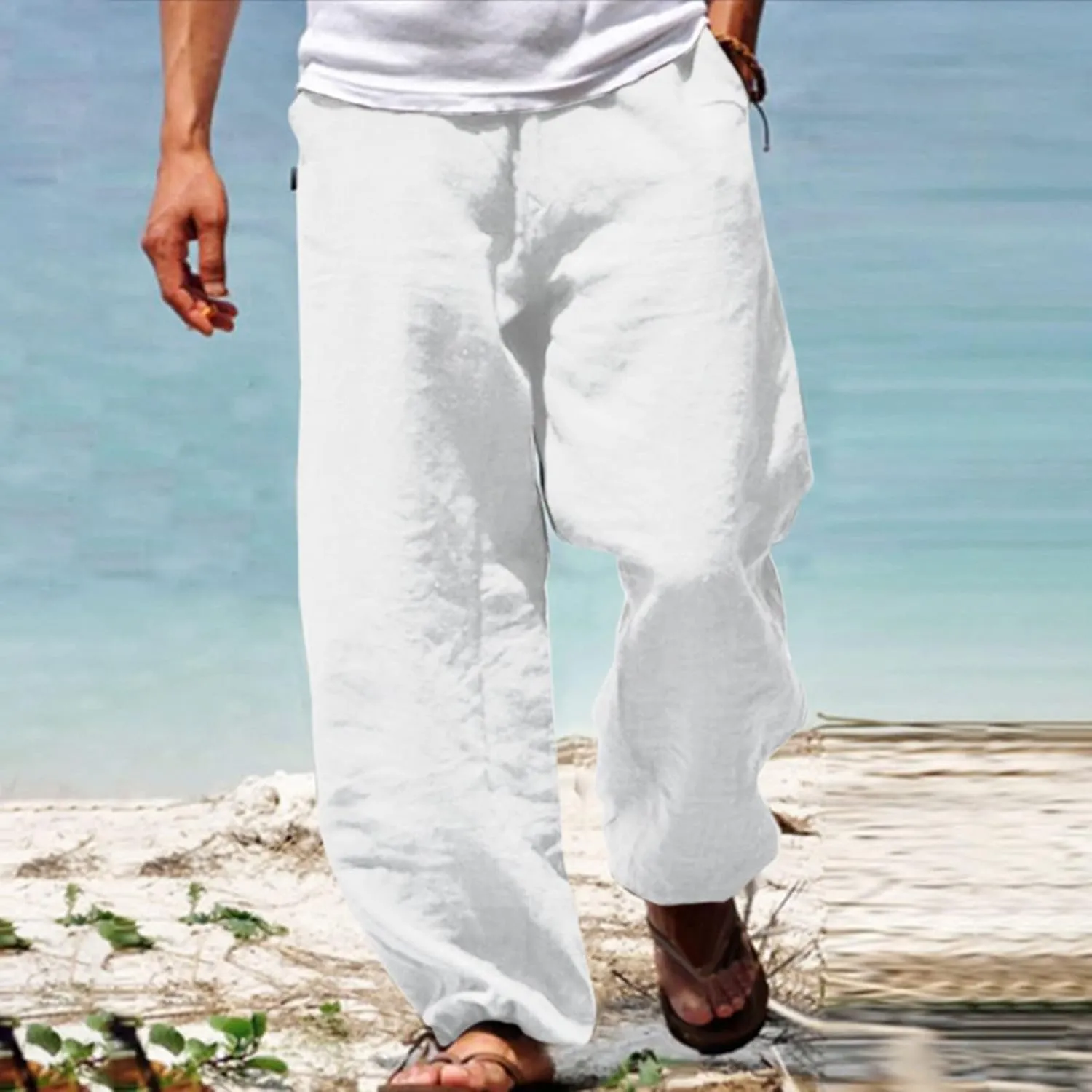 Cdiecer Linen Wide Leg Pants Men Summer Beach Pants Lightweight Baggy Pants Elastic Waist Drawstring Trousers Harem Pants