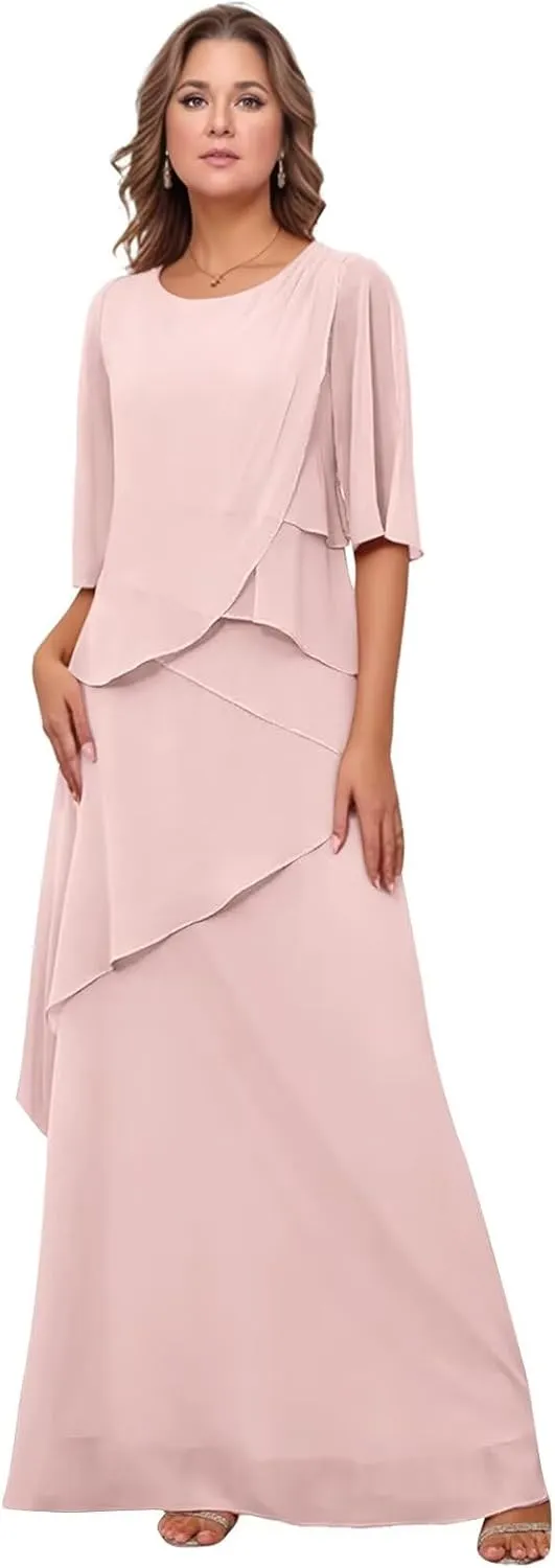 Chiffon Mother of The Bride Dresses 2025 Long Ruffle Tiered Short Sleeves Formal Evening Party Gowns for Women