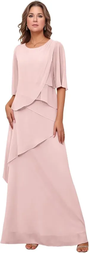 Chiffon Mother of The Bride Dresses 2025 Long Ruffle Tiered Short Sleeves Formal Evening Party Gowns for Women