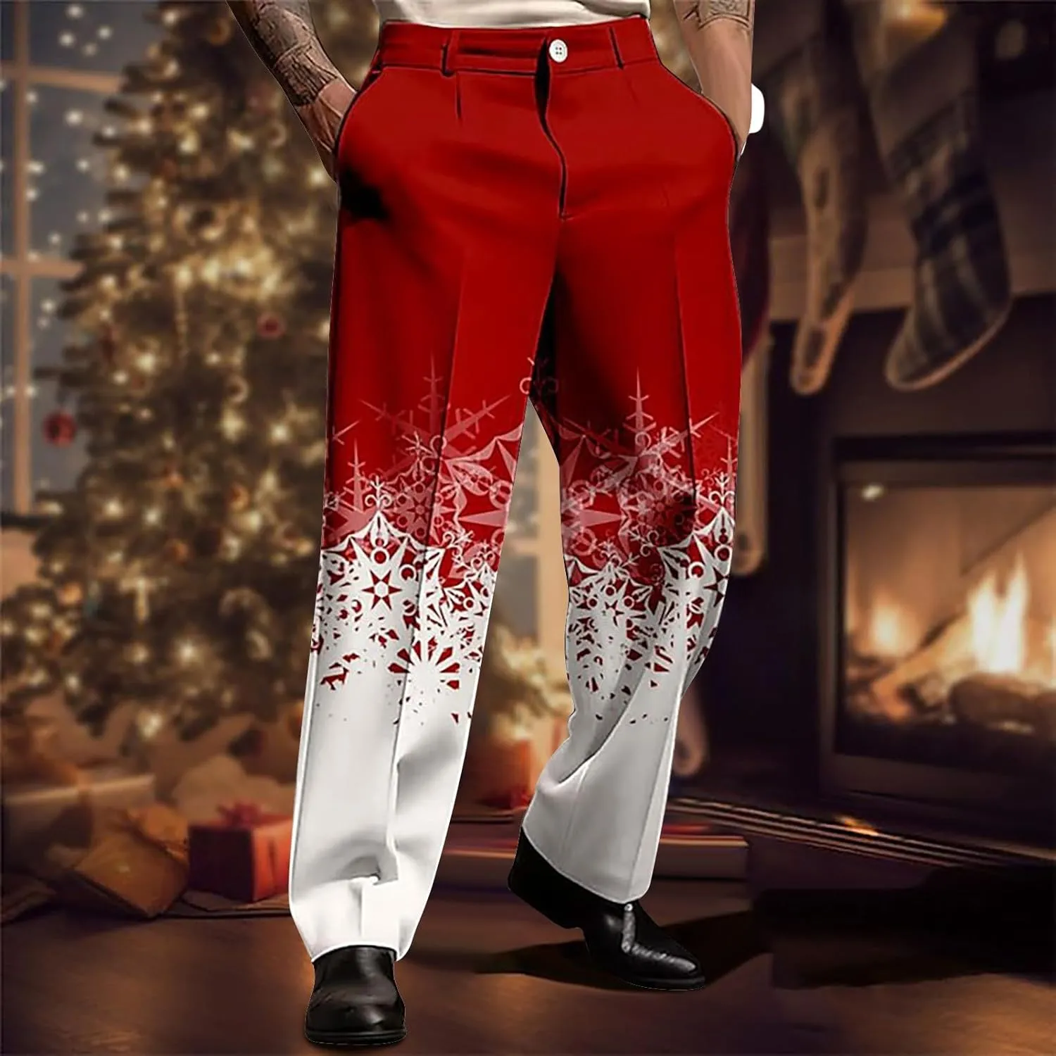 Christmas Dress Pants for Men Flat Front Festive Holiday Trousers Ugly Xmas Funny Xmas Snowflake Print Suit Pants