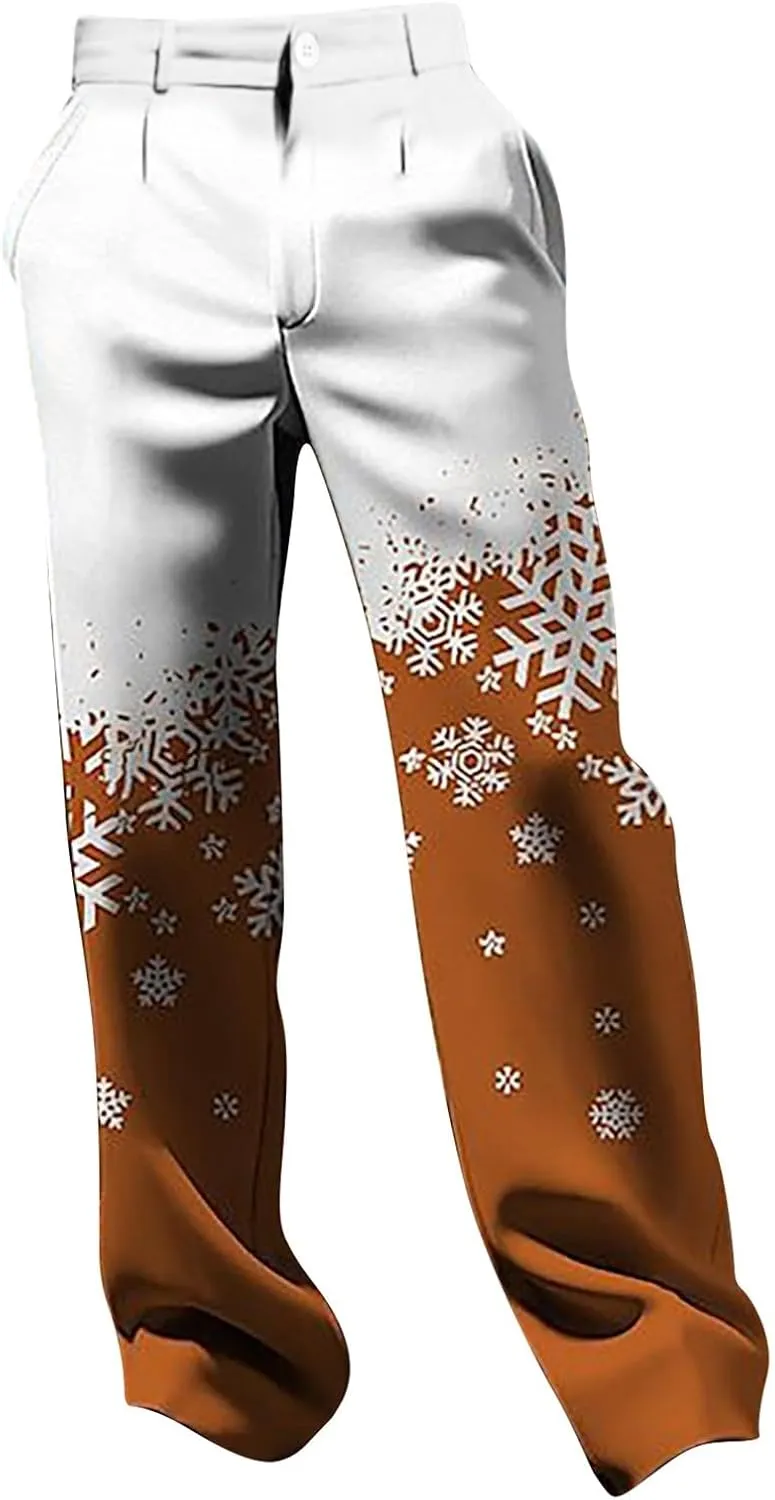 Christmas Dress Pants for Men Flat Front Festive Holiday Trousers Ugly Xmas Funny Xmas Snowflake Print Suit Pants