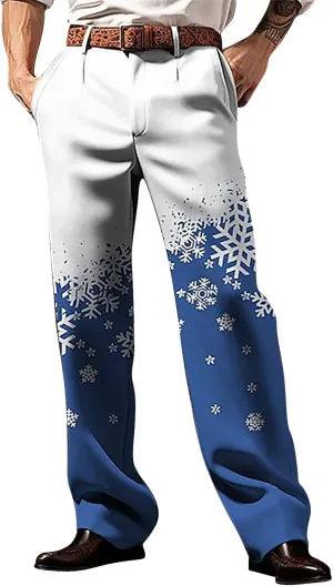 Christmas Dress Pants for Men Flat Front Festive Holiday Trousers Ugly Xmas Funny Xmas Snowflake Print Suit Pants