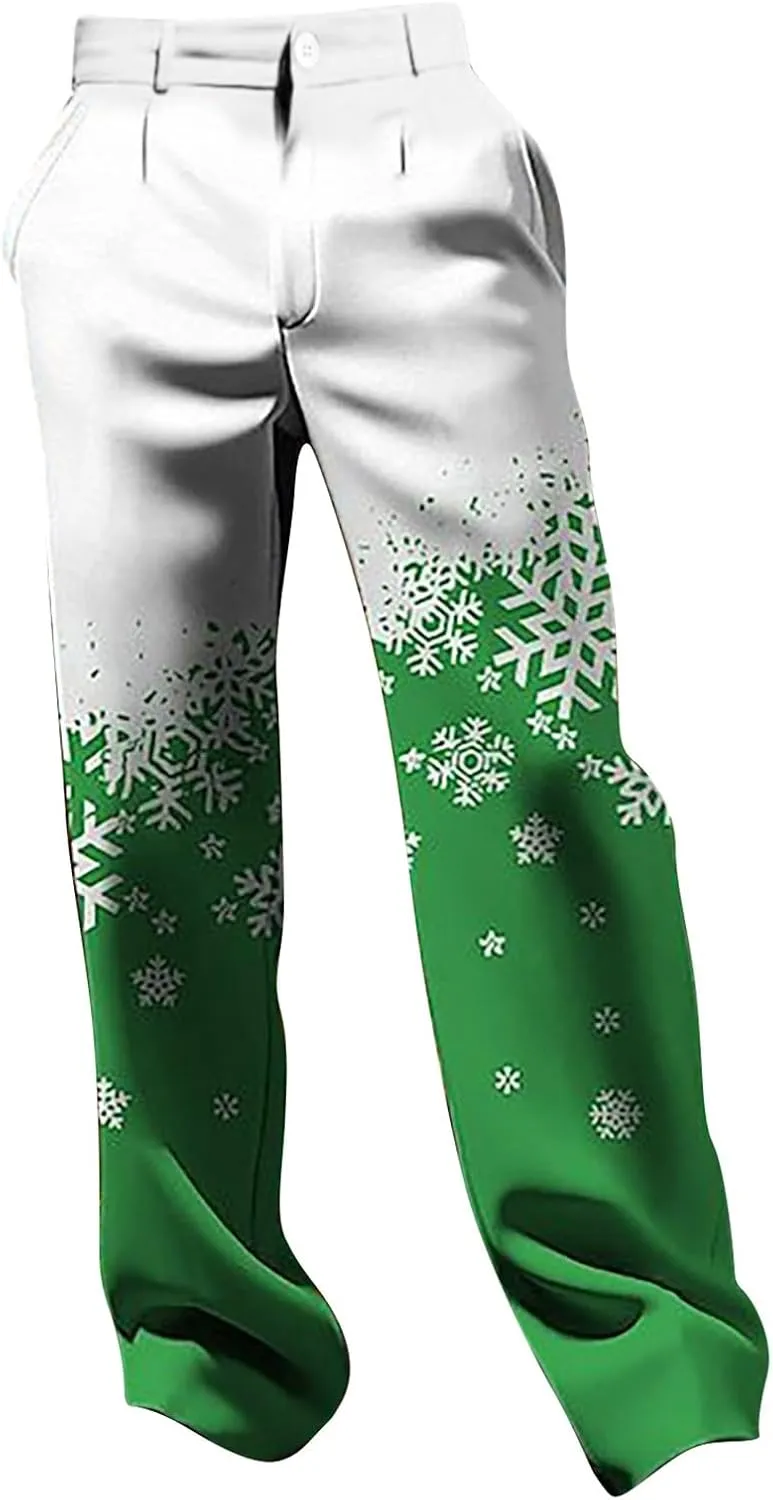 Christmas Dress Pants for Men Flat Front Festive Holiday Trousers Ugly Xmas Funny Xmas Snowflake Print Suit Pants