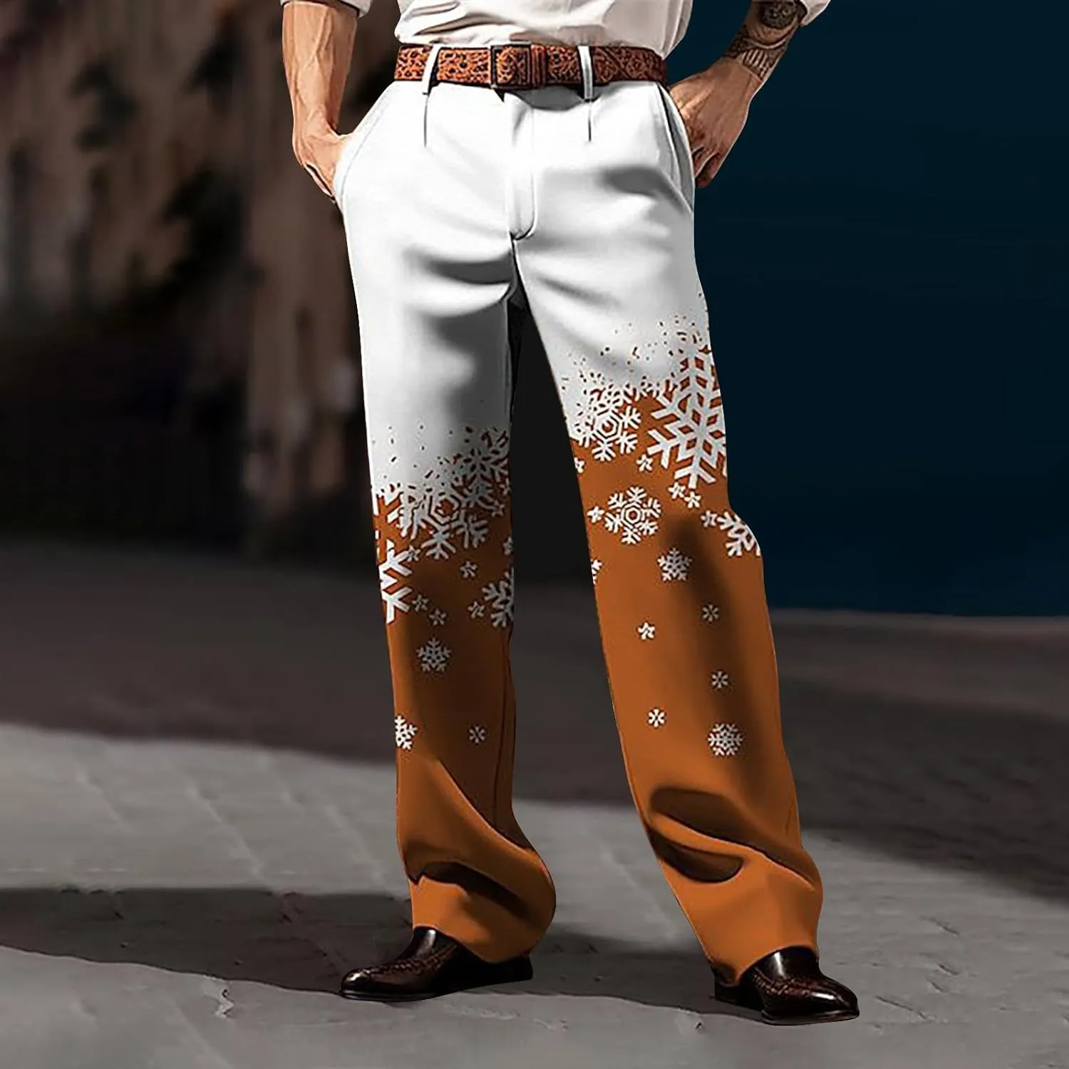 Christmas Dress Pants for Men Flat Front Festive Holiday Trousers Ugly Xmas Funny Xmas Snowflake Print Suit Pants