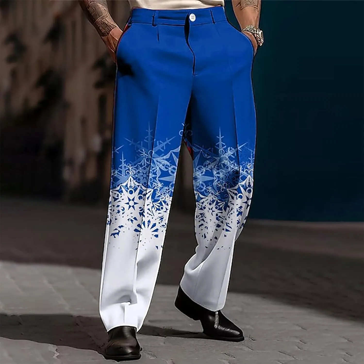Christmas Dress Pants for Men Flat Front Festive Holiday Trousers Ugly Xmas Funny Xmas Snowflake Print Suit Pants
