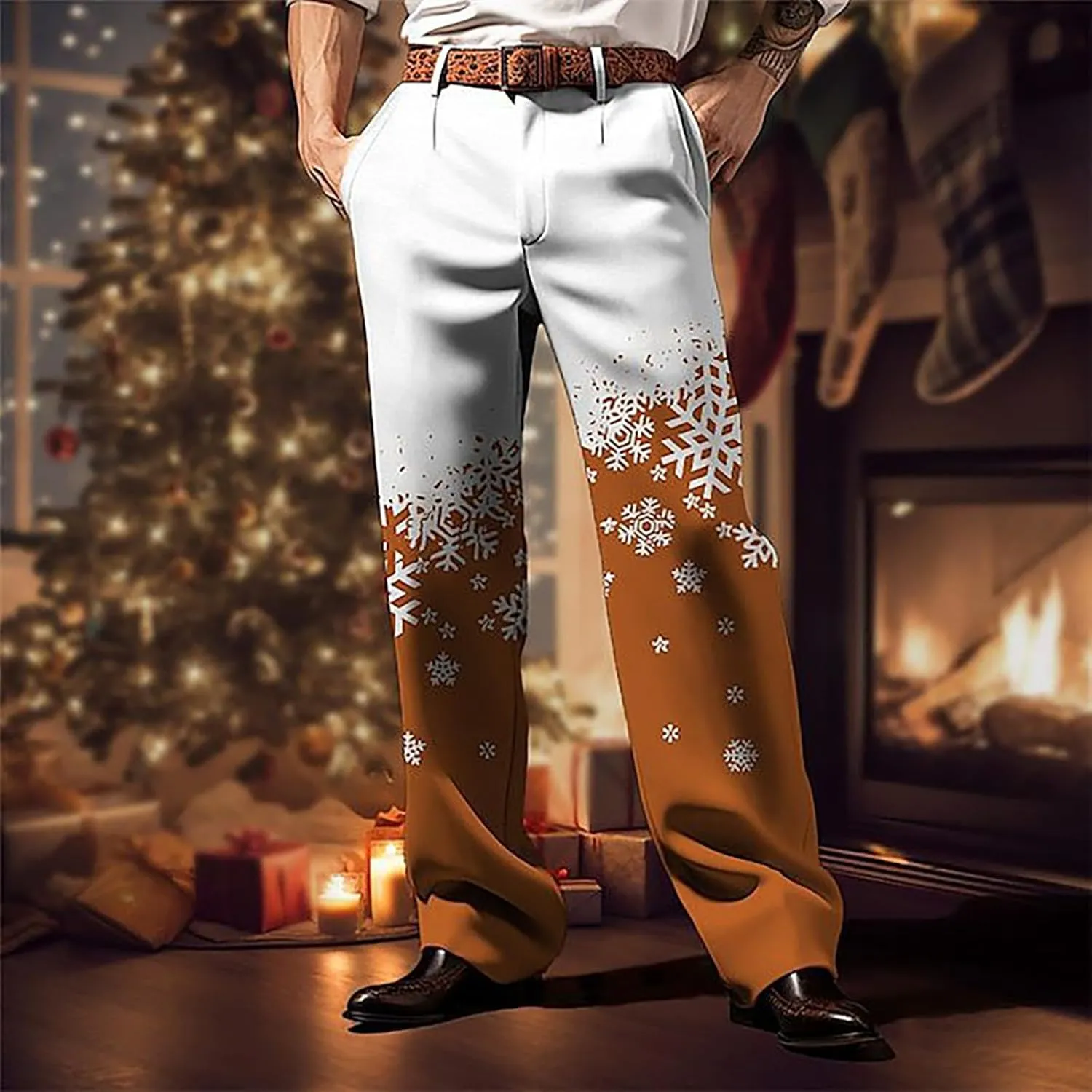 Christmas Dress Pants for Men Flat Front Festive Holiday Trousers Ugly Xmas Funny Xmas Snowflake Print Suit Pants