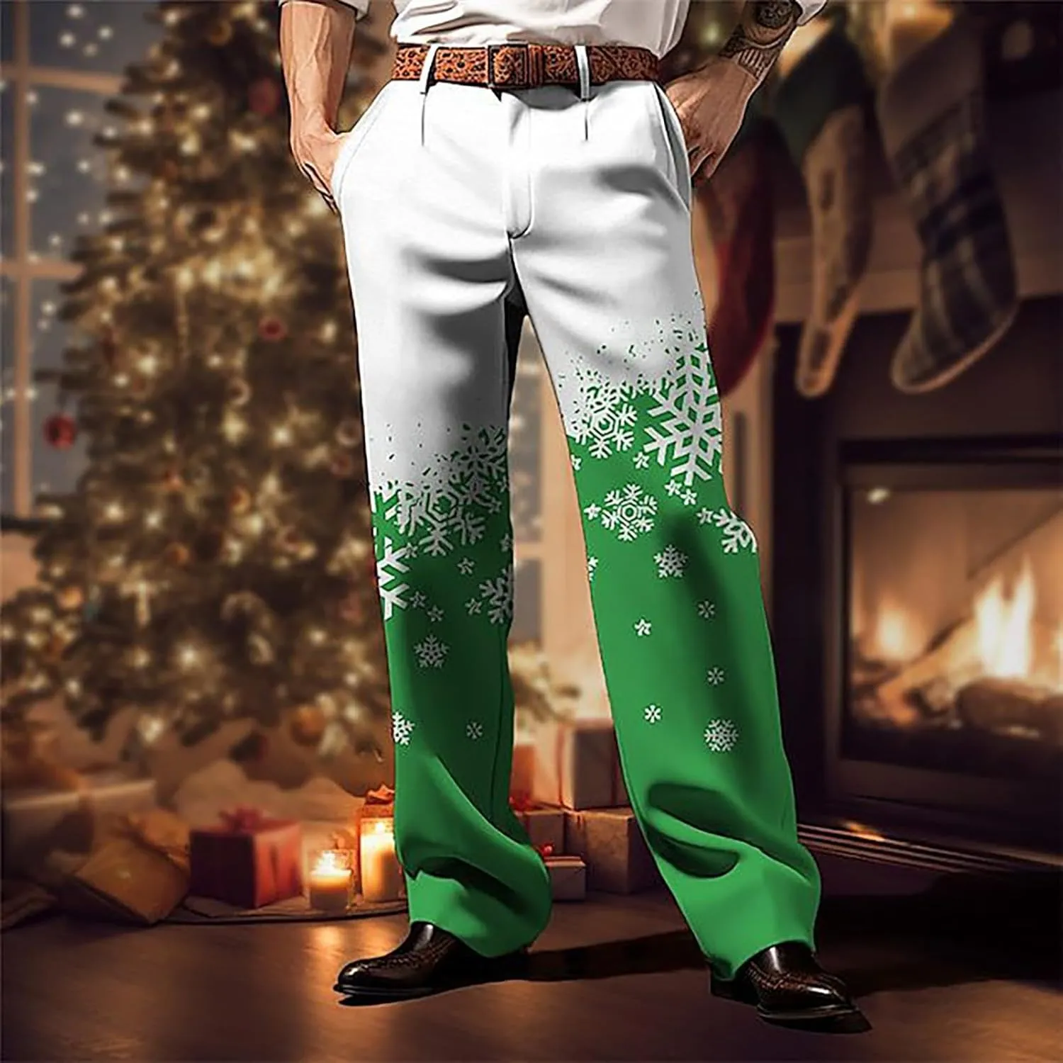 Christmas Dress Pants for Men Flat Front Festive Holiday Trousers Ugly Xmas Funny Xmas Snowflake Print Suit Pants