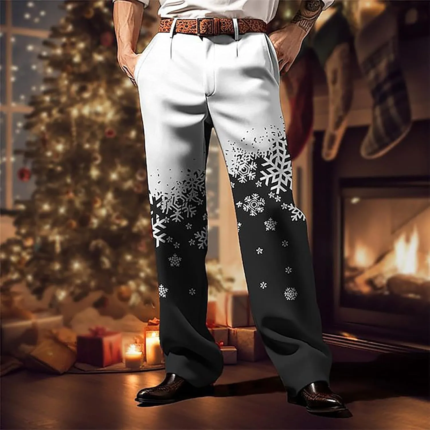 Christmas Dress Pants for Men Flat Front Festive Holiday Trousers Ugly Xmas Funny Xmas Snowflake Print Suit Pants