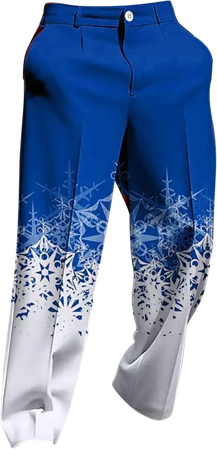 Christmas Dress Pants for Men Flat Front Festive Holiday Trousers Ugly Xmas Funny Xmas Snowflake Print Suit Pants