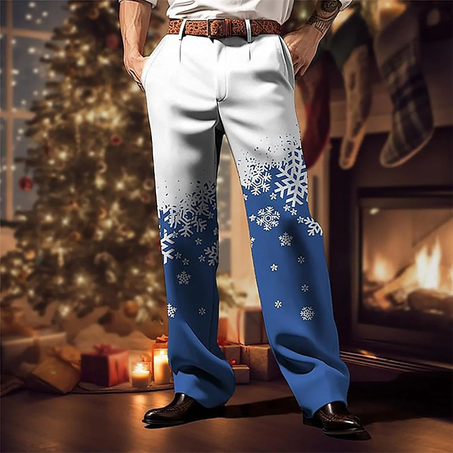 Christmas Dress Pants for Men Flat Front Festive Holiday Trousers Ugly Xmas Funny Xmas Snowflake Print Suit Pants