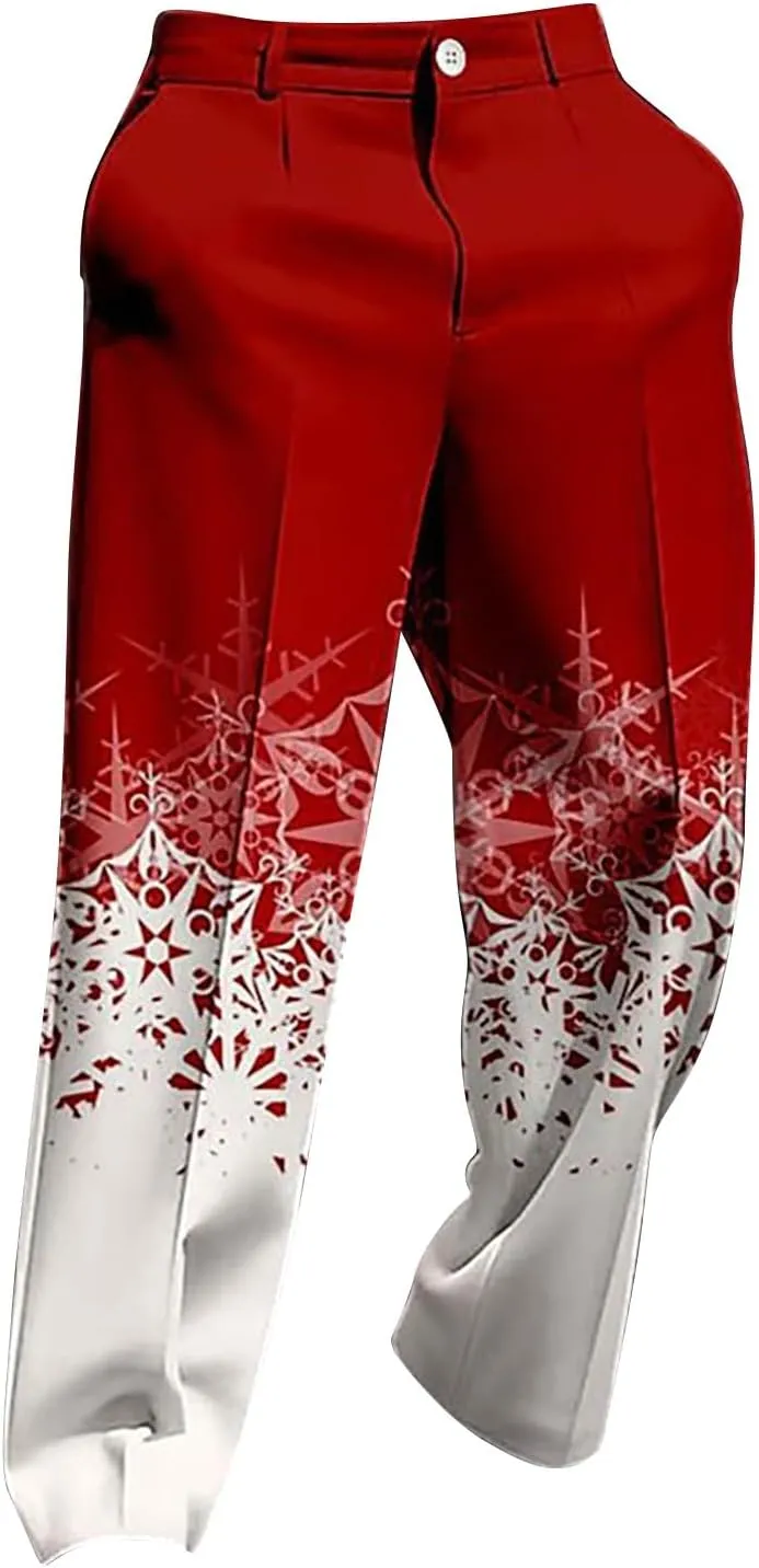 Christmas Dress Pants for Men Flat Front Festive Holiday Trousers Ugly Xmas Funny Xmas Snowflake Print Suit Pants