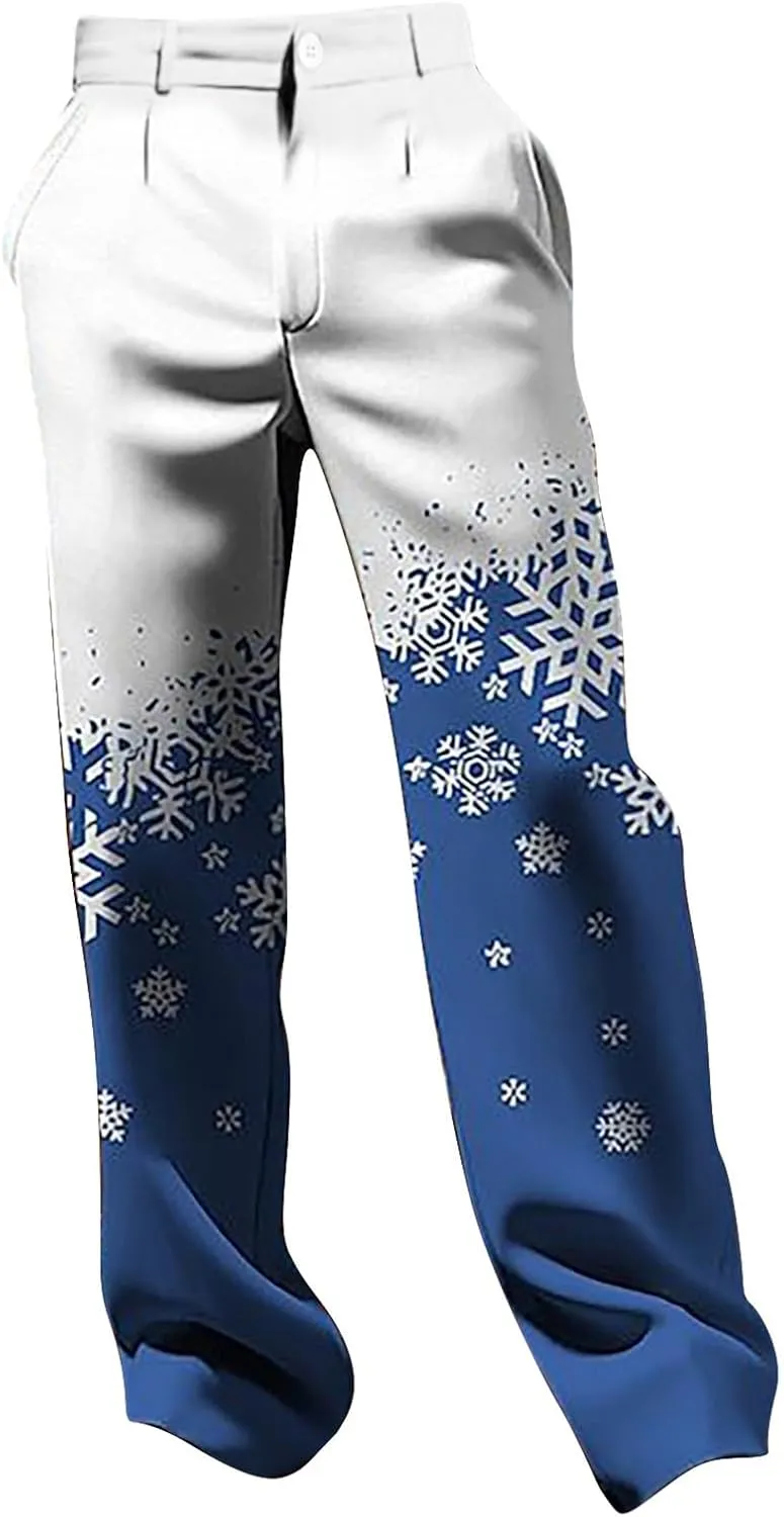 Christmas Dress Pants for Men Flat Front Festive Holiday Trousers Ugly Xmas Funny Xmas Snowflake Print Suit Pants