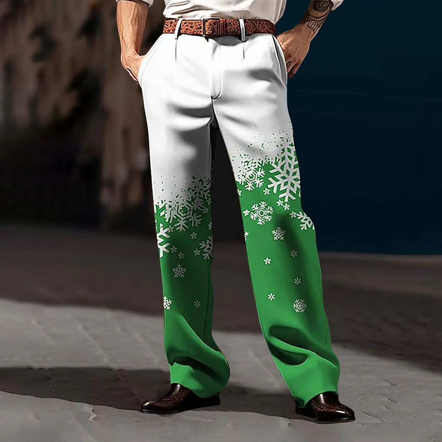 Christmas Dress Pants for Men Flat Front Festive Holiday Trousers Ugly Xmas Funny Xmas Snowflake Print Suit Pants