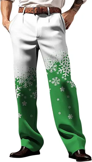 Christmas Dress Pants for Men Flat Front Festive Holiday Trousers Ugly Xmas Funny Xmas Snowflake Print Suit Pants