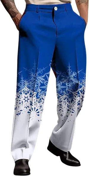 Christmas Dress Pants for Men Flat Front Festive Holiday Trousers Ugly Xmas Funny Xmas Snowflake Print Suit Pants