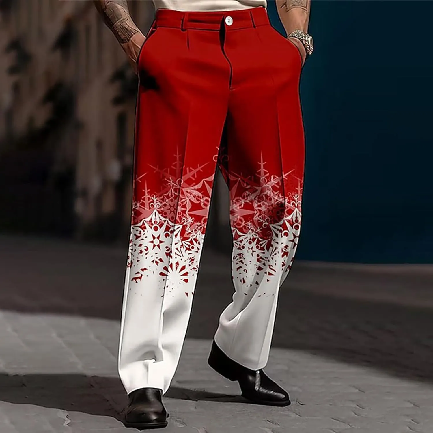 Christmas Dress Pants for Men Flat Front Festive Holiday Trousers Ugly Xmas Funny Xmas Snowflake Print Suit Pants