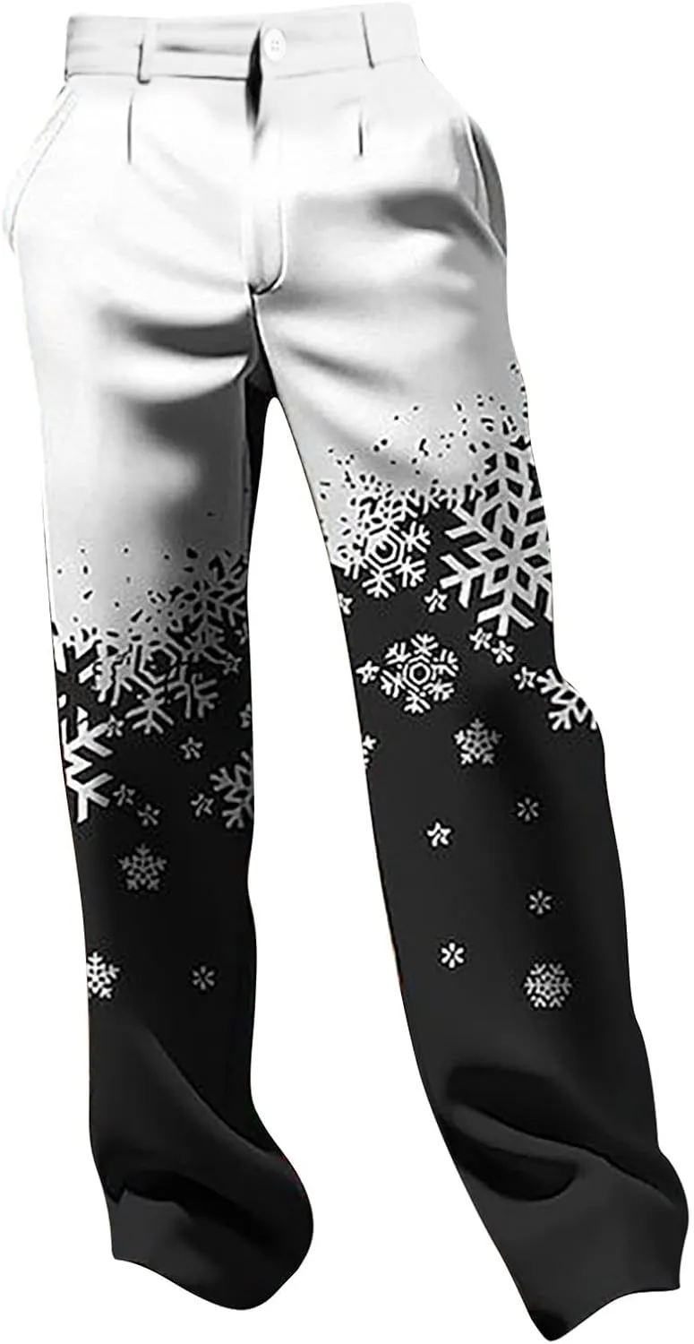 Christmas Dress Pants for Men Flat Front Festive Holiday Trousers Ugly Xmas Funny Xmas Snowflake Print Suit Pants