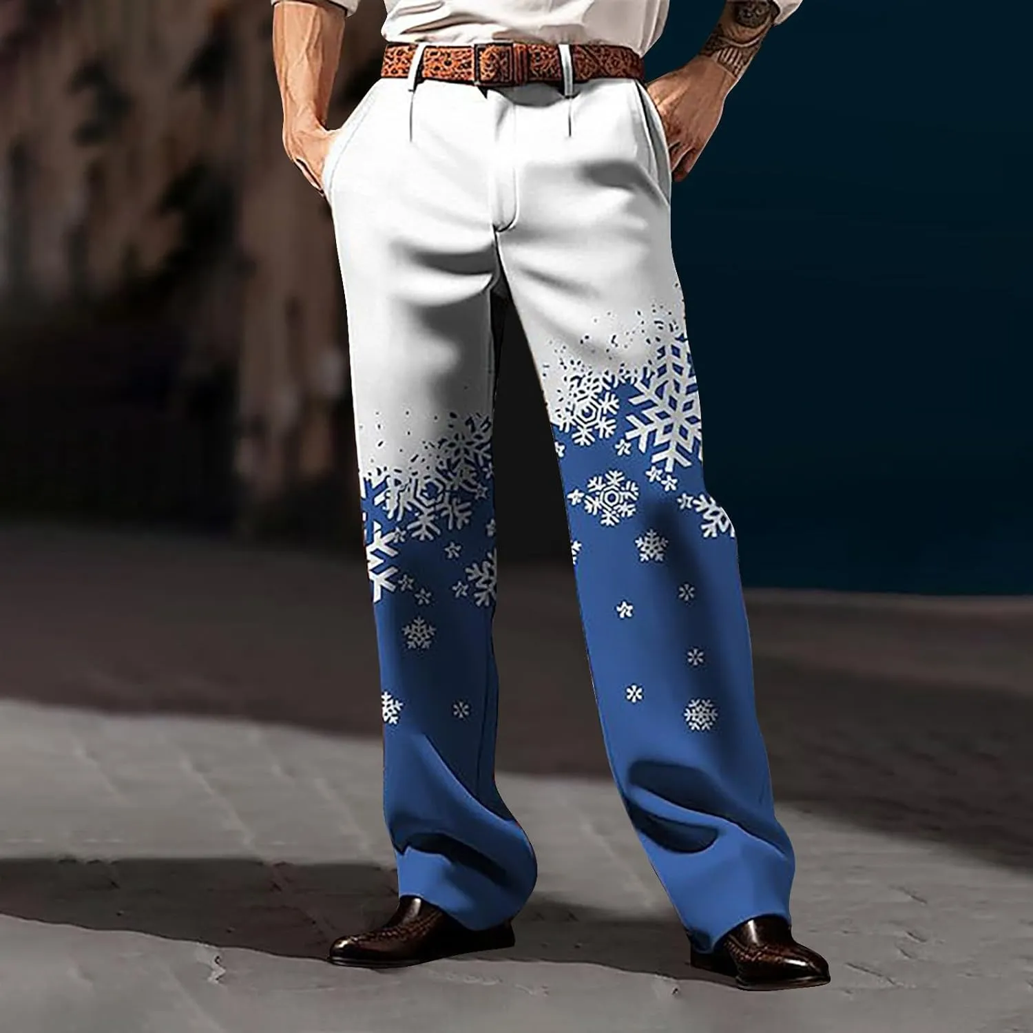 Christmas Dress Pants for Men Flat Front Festive Holiday Trousers Ugly Xmas Funny Xmas Snowflake Print Suit Pants