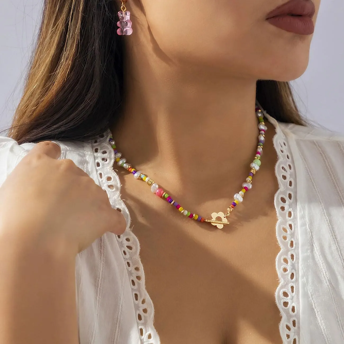 Colorful Beaded Necklaces for Women Beaded Choker Necklace Gold Toggle Pearl Necklace Boho Handmade Necklaces for Women