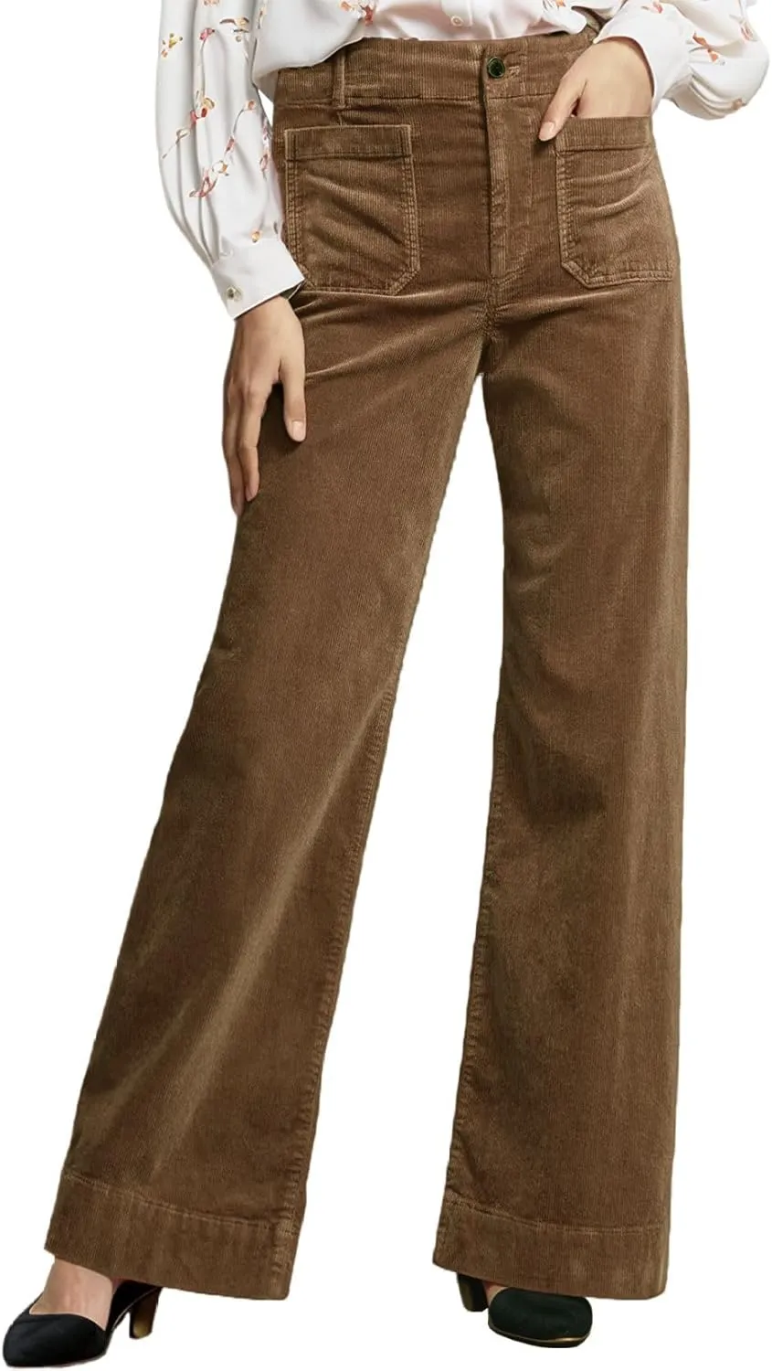 Corduroy Pants Women Elastic Waist Flare Pants Bell Bottom Business Casual Trousers Pants for Women