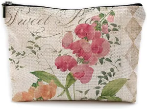 Cottagecore Sweet Pea Flowering Plant Makeup Bag Cosmetic Bags with Zipper Pouch Travel Toiletry Case,Gifts for Women Girls,Flower Lover Gifts
