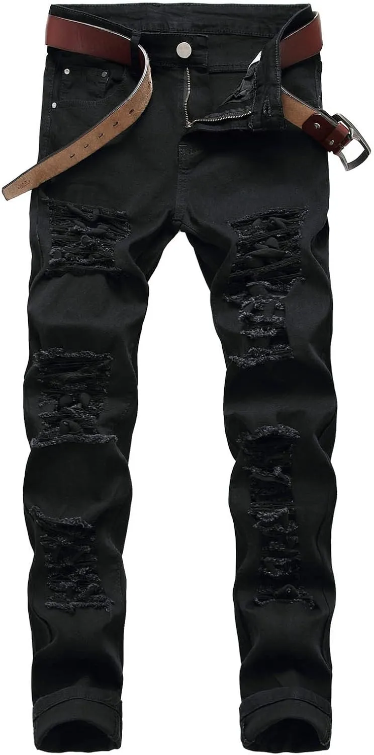 Cotton Men's Ripped Slim Fit Denim Jeans Distressed Stretch Casual Fashion Streetwear Stylish Daily Skinny Durable