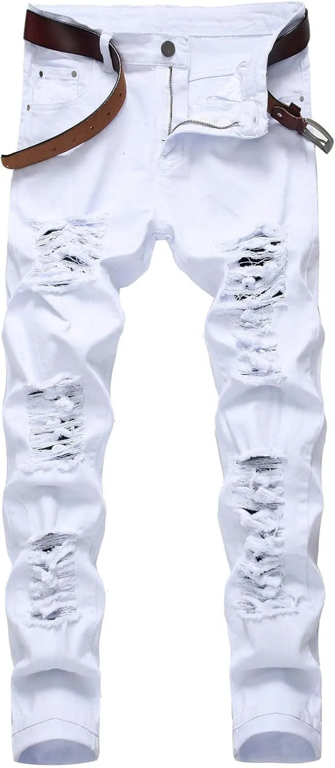 Cotton Men's Ripped Slim Fit Denim Jeans Distressed Stretch Casual Fashion Streetwear Stylish Daily Skinny Durable