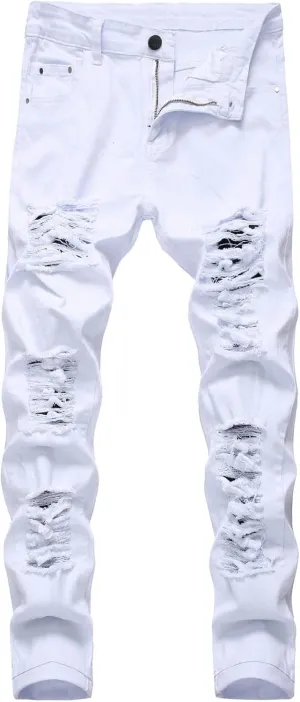 Cotton Men's Ripped Slim Fit Denim Jeans Distressed Stretch Casual Fashion Streetwear Stylish Daily Skinny Durable