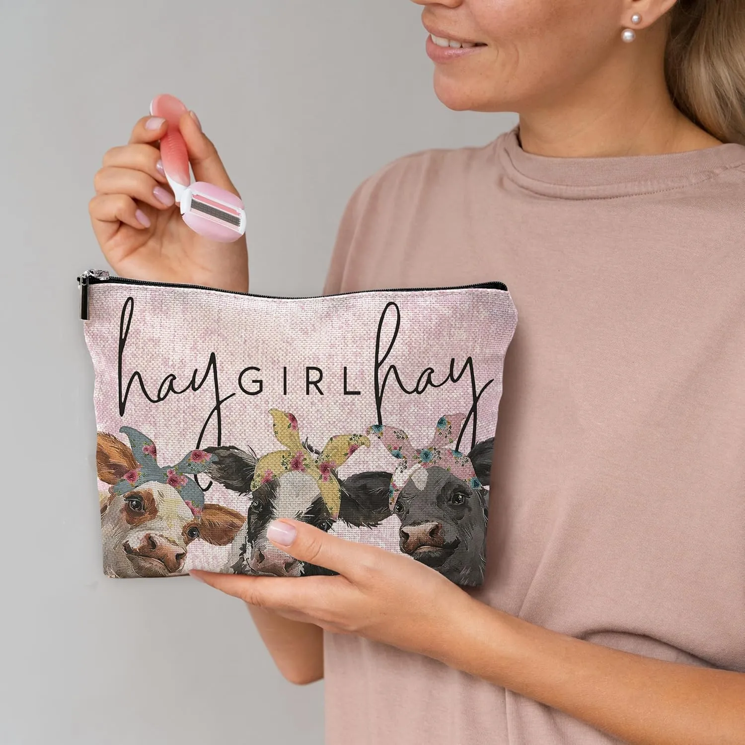 Cow Print Stuff,Cow Makeup Bag,Cow Gifts,Western Makeup Bag,Makeup Bags For Women,Cow Print(Pink Speckled Cosmetic Bag)