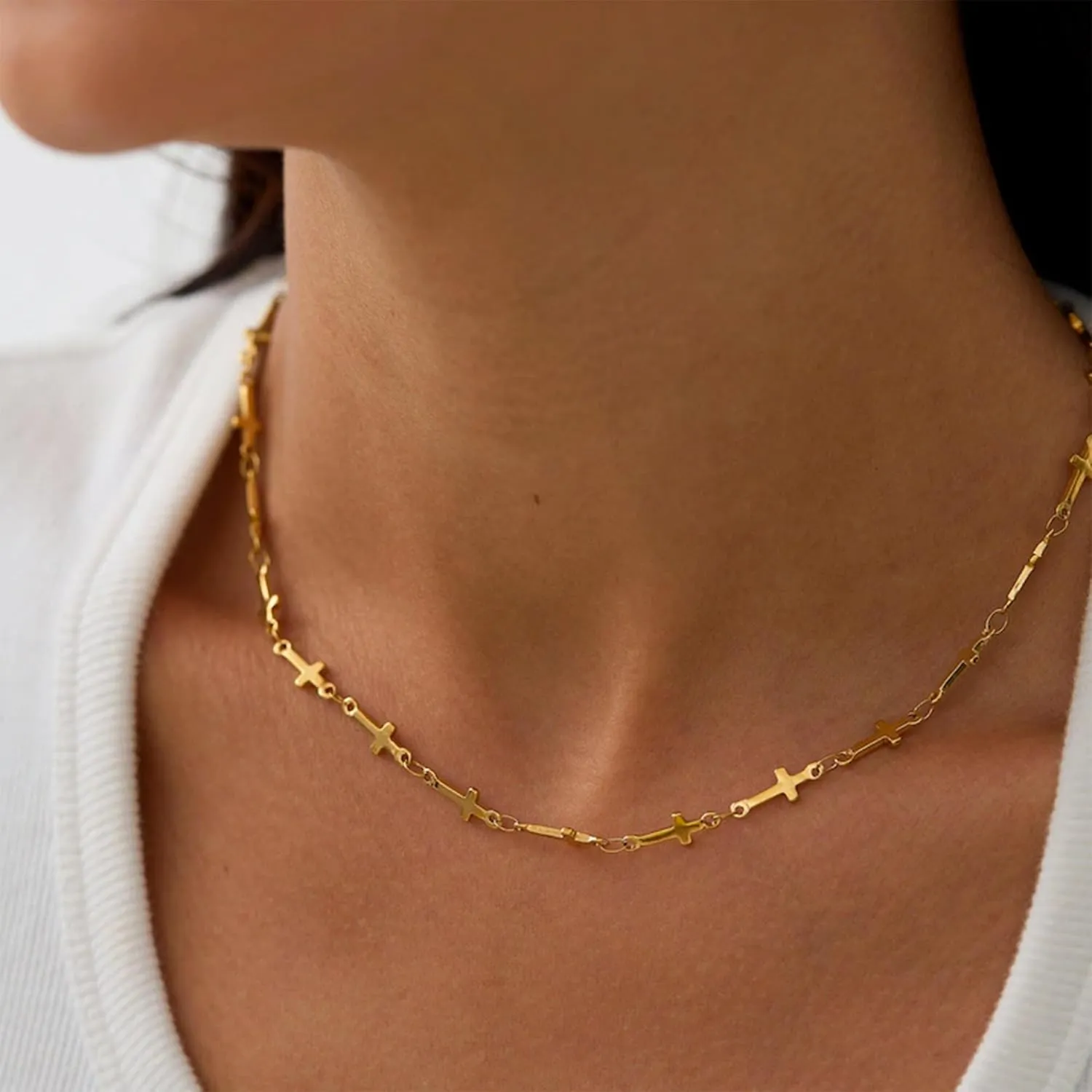 Cross Necklace for Women 18K Gold Plated Dainty Tiny Sideways Cross Choker Necklace Adjustable Stainless Steel Trendy Faith Jewelry