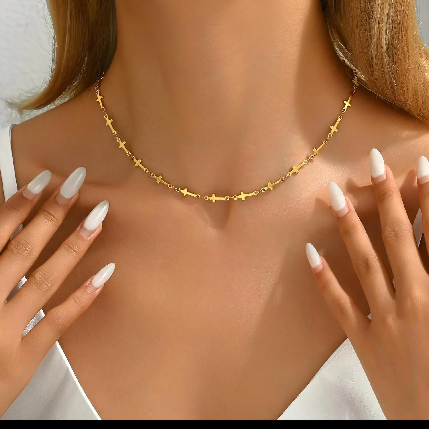Cross Necklace for Women 18K Gold Plated Dainty Tiny Sideways Cross Choker Necklace Adjustable Stainless Steel Trendy Faith Jewelry