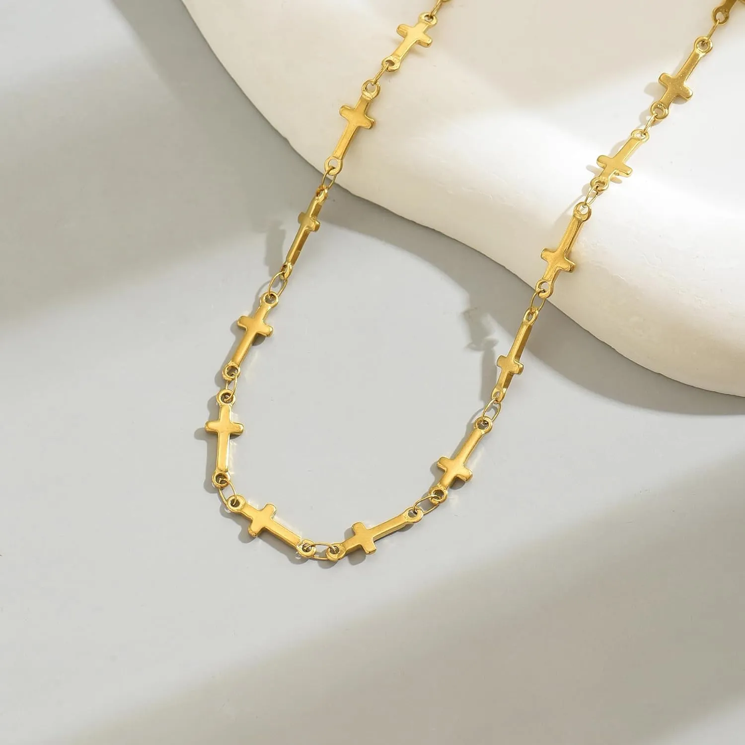 Cross Necklace for Women 18K Gold Plated Dainty Tiny Sideways Cross Choker Necklace Adjustable Stainless Steel Trendy Faith Jewelry