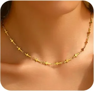 Cross Necklace for Women 18K Gold Plated Dainty Tiny Sideways Cross Choker Necklace Adjustable Stainless Steel Trendy Faith Jewelry