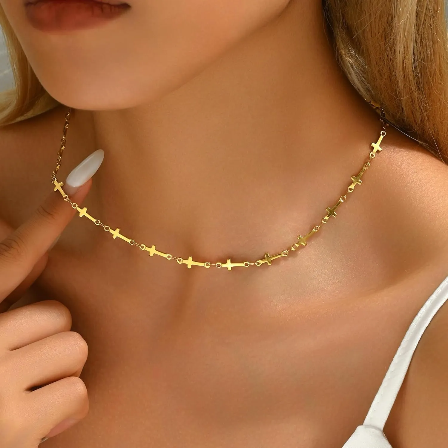 Cross Necklace for Women 18K Gold Plated Dainty Tiny Sideways Cross Choker Necklace Adjustable Stainless Steel Trendy Faith Jewelry