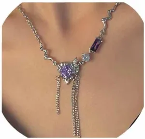 Crystal Heart Shape Tassel Necklaces.Irregular Rhinestones Chain Necklaces Statement Titanium Alloy Necklaces Jewelry Gifts for Women