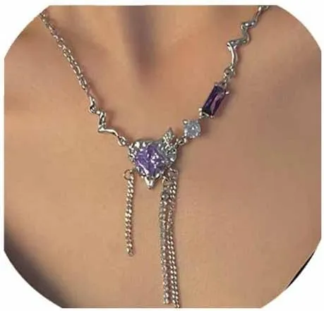 Crystal Heart Shape Tassel Necklaces.Irregular Rhinestones Chain Necklaces Statement Titanium Alloy Necklaces Jewelry Gifts for Women