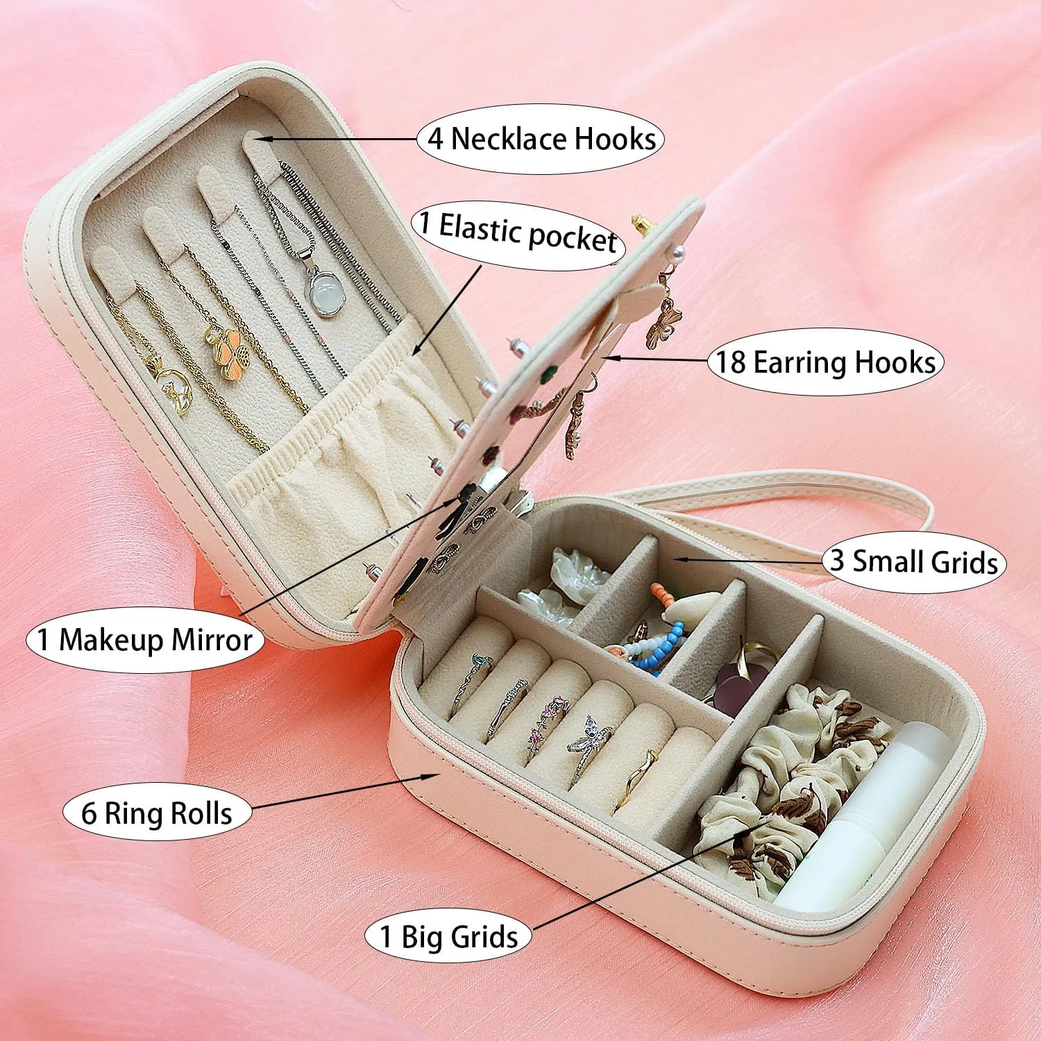 Cuifdem-Jewelry Travel Case with Hand Strap and Monogram, Small Jewelry Box Leather with Mirror, Jewelry Boxes for Women Girls, Jewelry Organizer Travel Gifts (elegant ivory, FW)