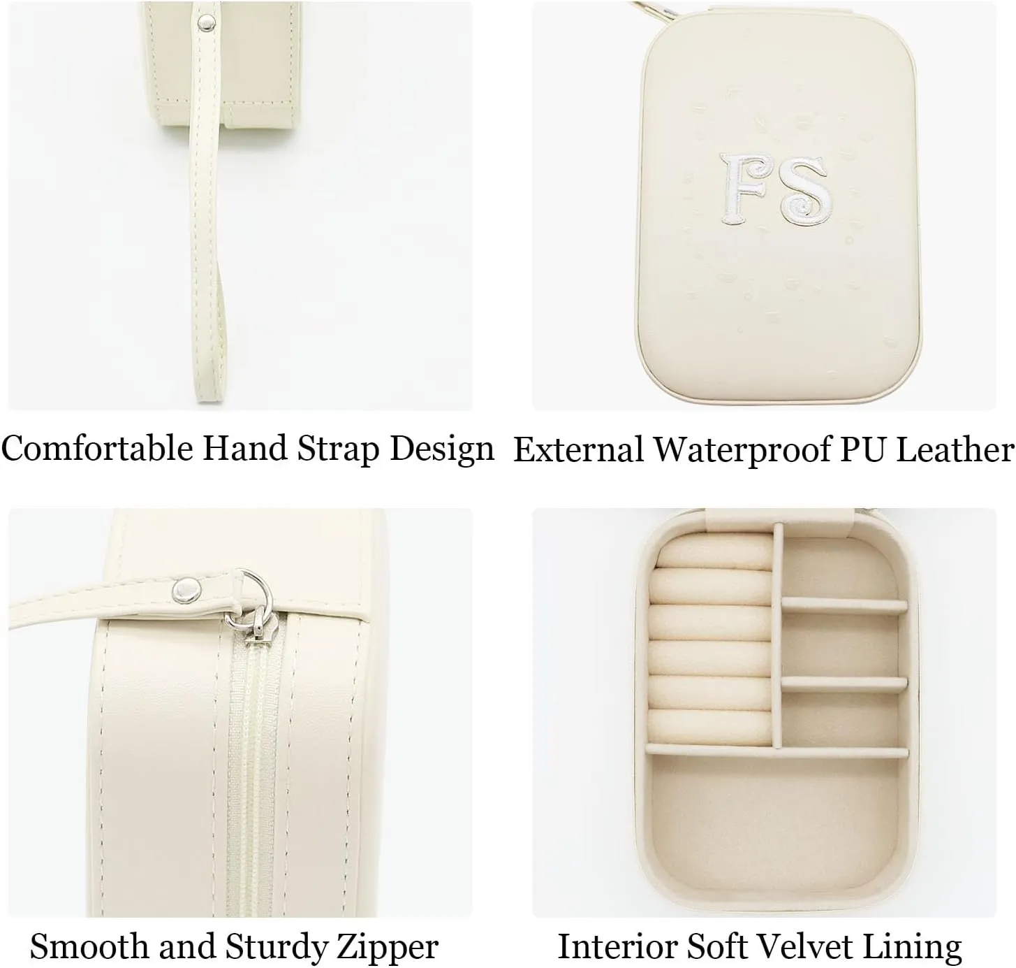 Cuifdem-Jewelry Travel Case with Hand Strap and Monogram, Small Jewelry Box Leather with Mirror, Jewelry Boxes for Women Girls, Jewelry Organizer Travel Gifts (elegant ivory, FW)