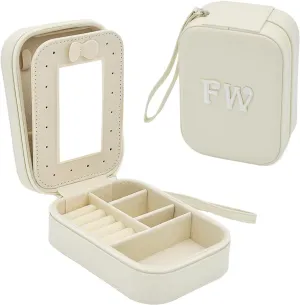 Cuifdem-Jewelry Travel Case with Hand Strap and Monogram, Small Jewelry Box Leather with Mirror, Jewelry Boxes for Women Girls, Jewelry Organizer Travel Gifts (elegant ivory, FW)