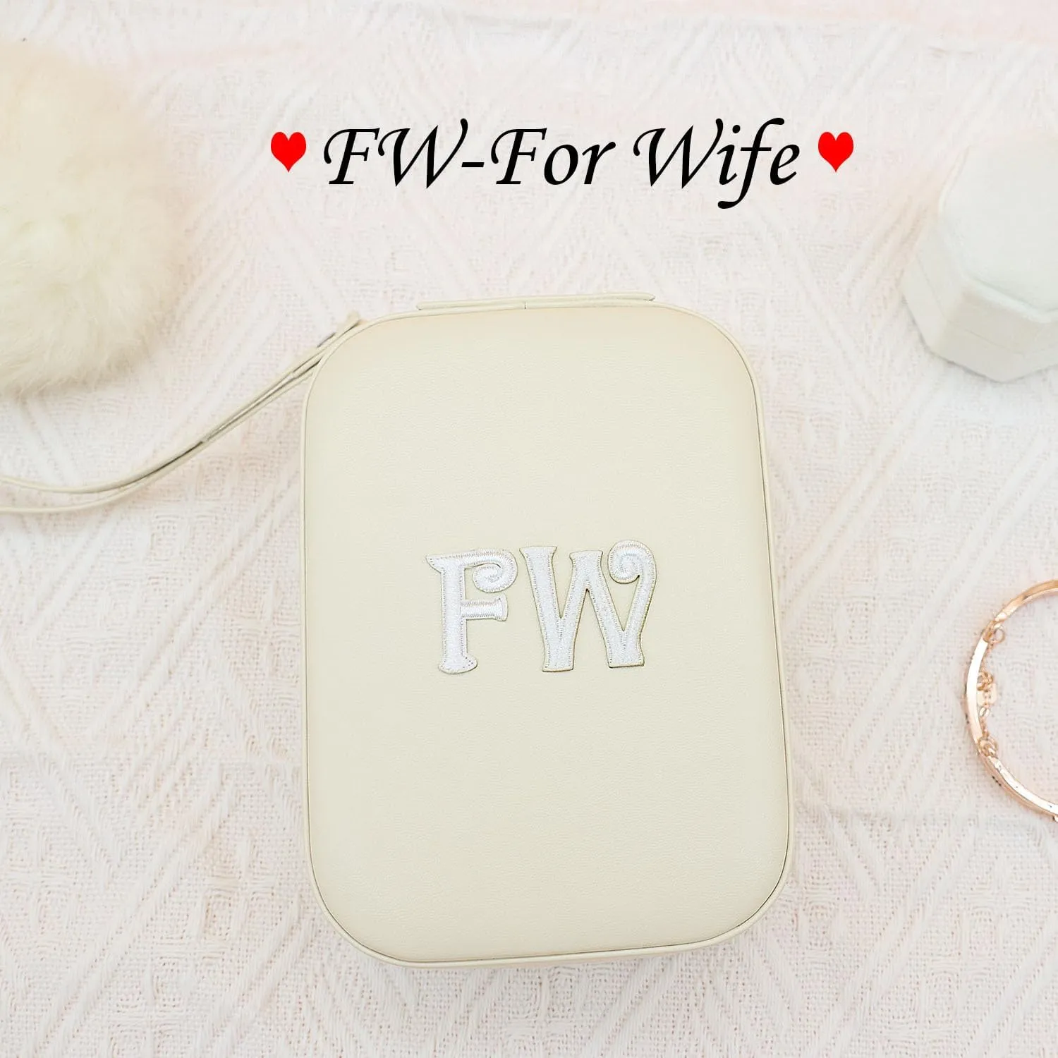 Cuifdem-Jewelry Travel Case with Hand Strap and Monogram, Small Jewelry Box Leather with Mirror, Jewelry Boxes for Women Girls, Jewelry Organizer Travel Gifts (elegant ivory, FW)