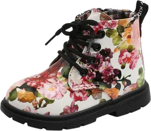 Cute Children Boots Floral Print Girl Lace Up Boots Waterproof Ankle Boots Side Zipper Booties(Toddler/Little Kids)