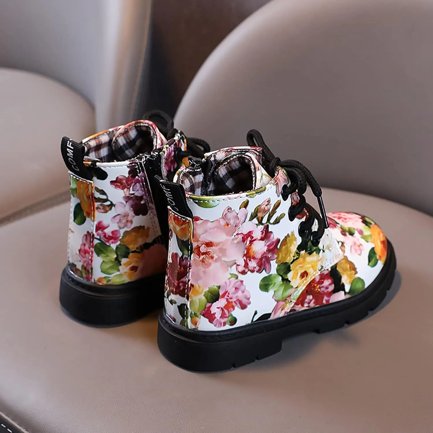 Cute Children Boots Floral Print Girl Lace Up Boots Waterproof Ankle Boots Side Zipper Booties(Toddler/Little Kids)