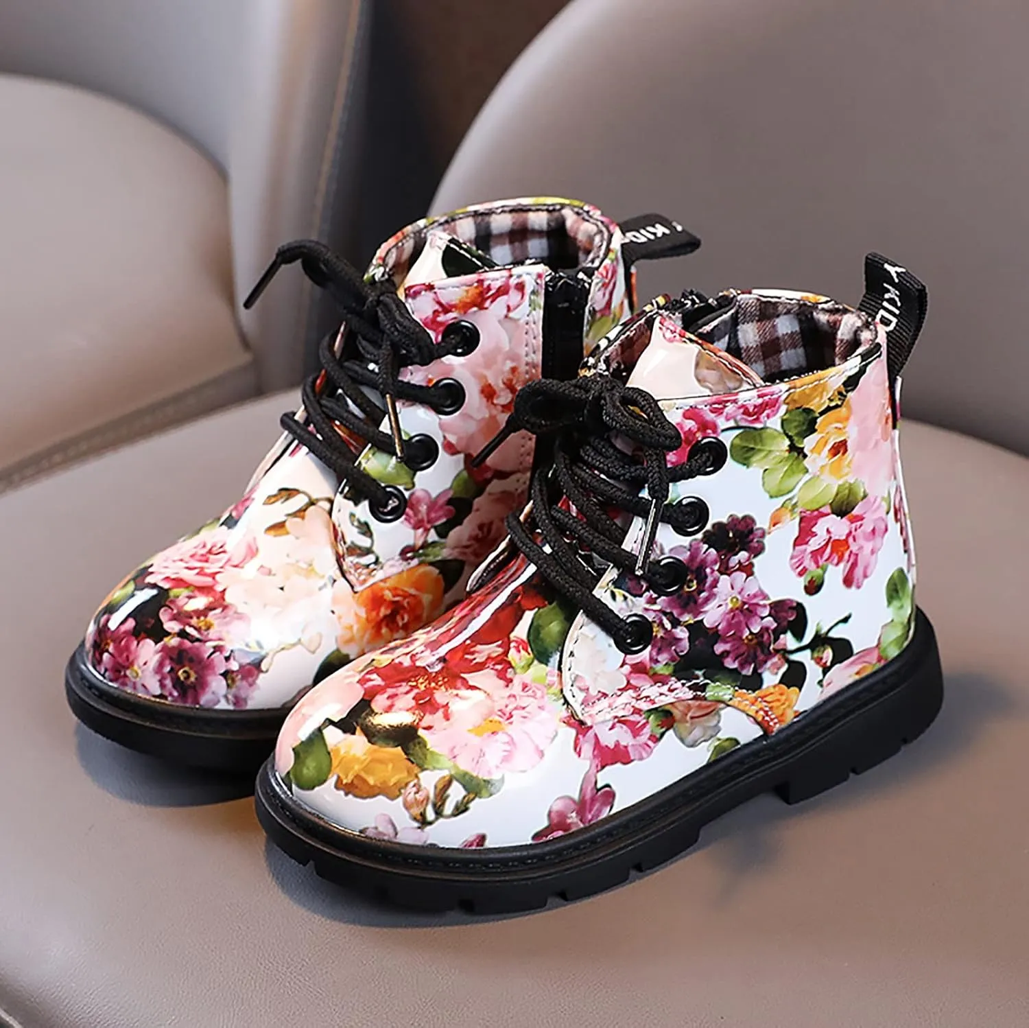 Cute Children Boots Floral Print Girl Lace Up Boots Waterproof Ankle Boots Side Zipper Booties(Toddler/Little Kids)