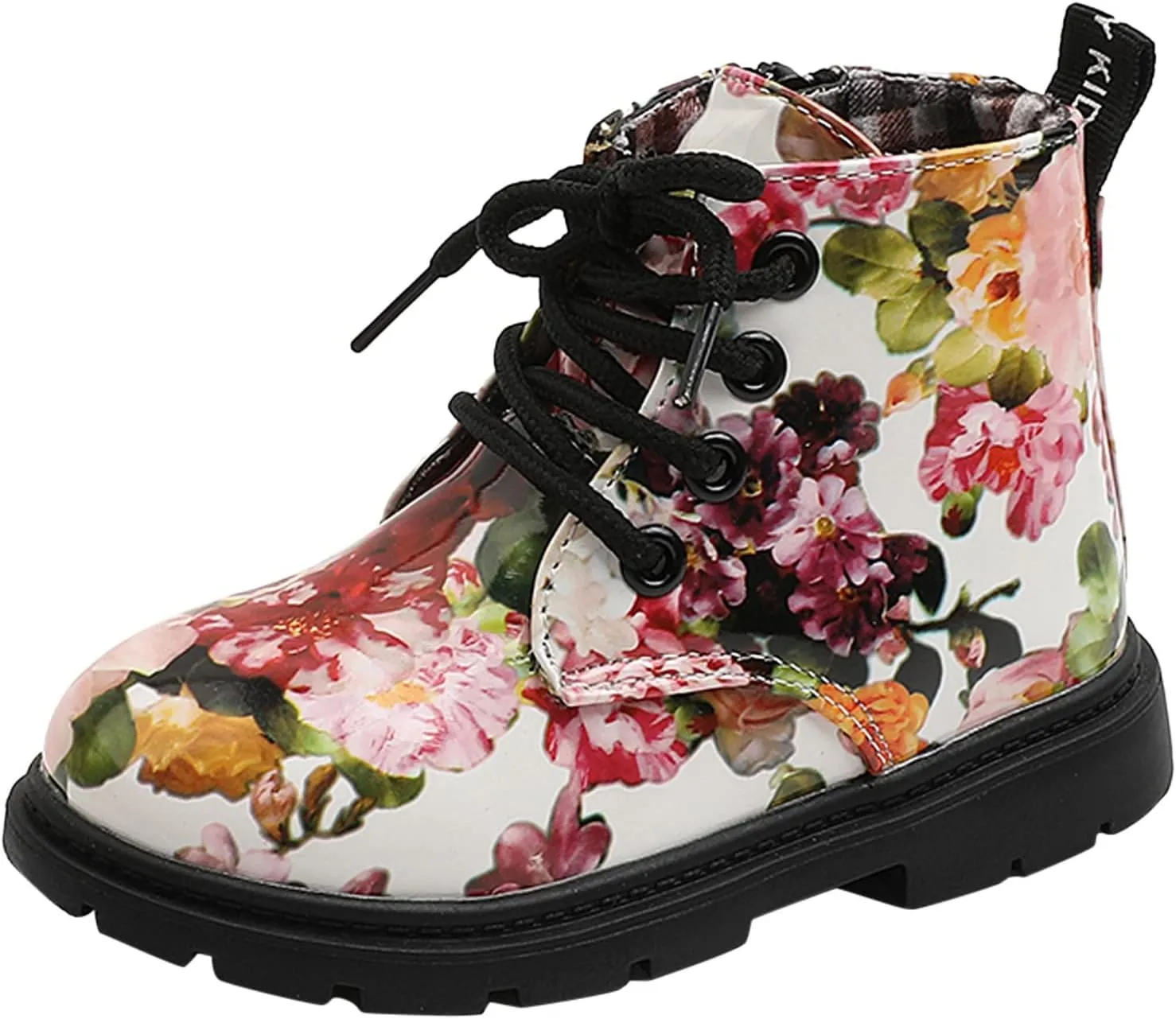 Cute Children Boots Floral Print Girl Lace Up Boots Waterproof Ankle Boots Side Zipper Booties(Toddler/Little Kids)